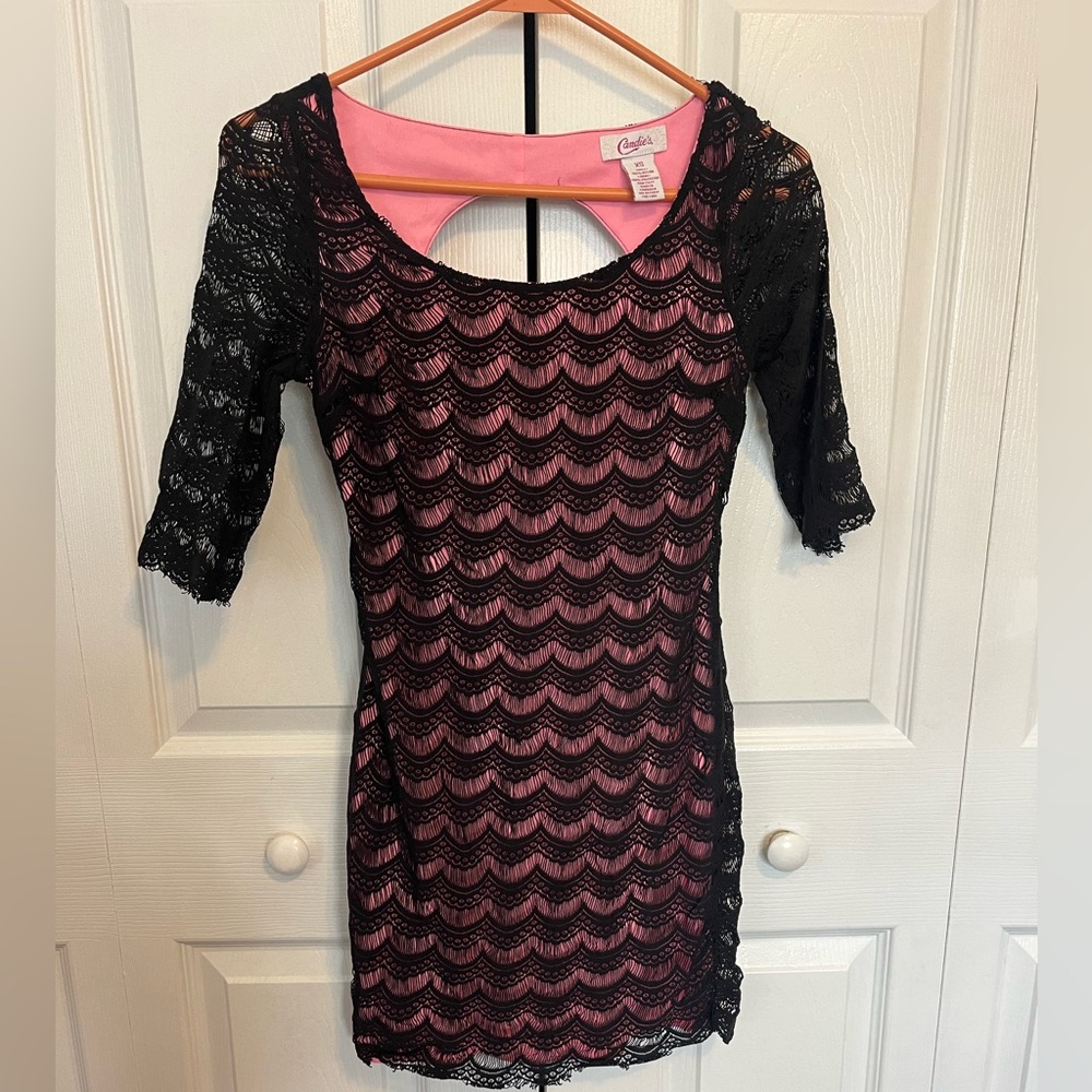 Black lace over pink short dress